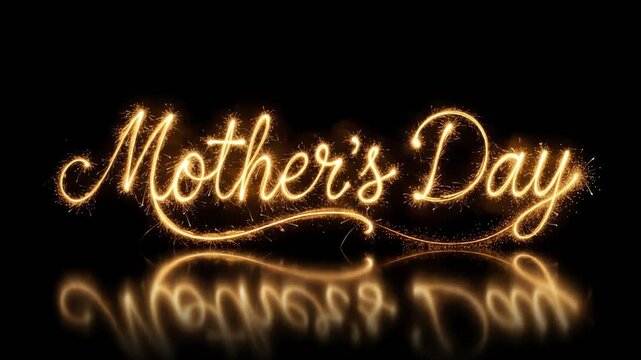Sparking golden mothers day text with reflection on black background