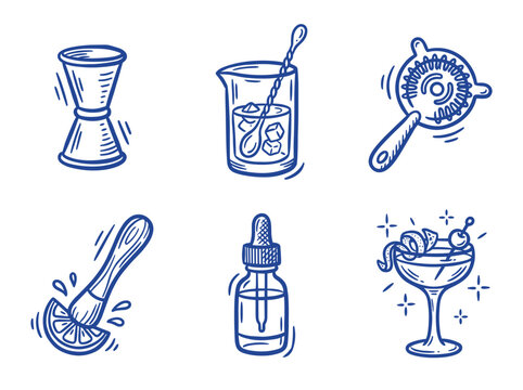 Set of blue hand drawn cocktail bar tools and glassware vector illustration for menu design