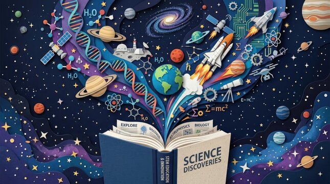 An open book bursts with a vibrant, layered illustration of scientific discoveries. The book&rsquo;s pages reveal a cosmic scene filled with planets, galaxies, DNA strands, 