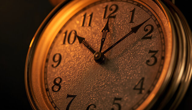 A close up view of a vintage brass clock face showing the time near midnight with illuminated warm amber light hands pointing textured brass measurement chronometer