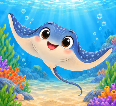 Cute cartoon stingray swimming in colorful underwater ocean scene with coral and fish