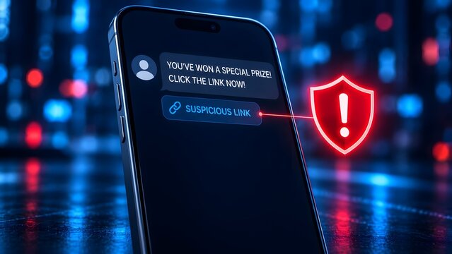 Smartphone displays suspicious link warning for phishing scam