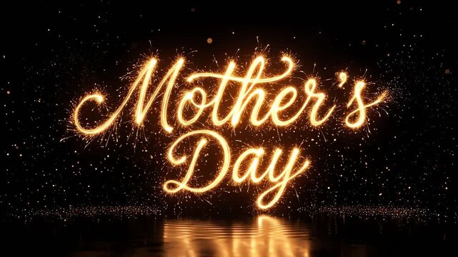 Golden mothers day text glowing with sparkling particles