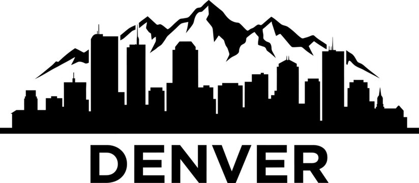 Black and white denver city skyline with mountains silhouette logo design