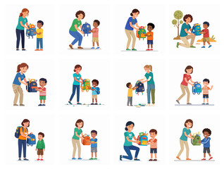 Fototapeta premium Volunteers Giving School Backpacks and Supplies to Children Illustration Set
