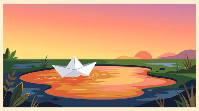 A small white paper boat floating on a calm puddle at a scenic sunset landscape with during vibrant sunset floats surface small folded paper pond during illustration