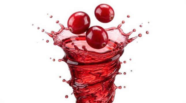 Fresh red cherries falling into a swirling splash of sweet fruit juice isolated on a clean white background