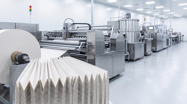 Industrial paper folding machine working on a production line in a modern manufacturing factory setting