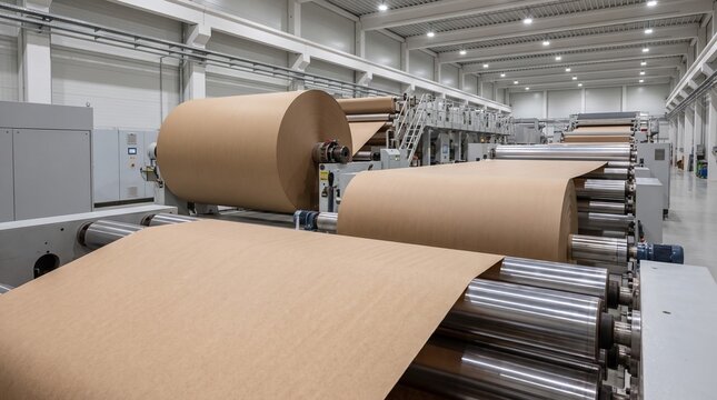 Large industrial paper roll moving through a modern manufacturing machine in a busy paper production factory warehouse