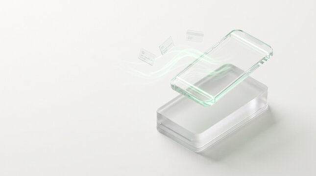 Isometric 3D render of glass smartphone floating above frosted glass block emitting glowing pastel green energy waves toward credit card tokens with copy space