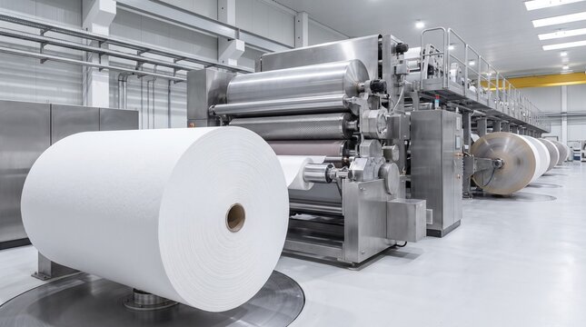 Large paper roll on a printing press machine inside a modern industrial factory for professional commercial production