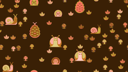 Seamless pattern of snails, mushrooms, and leaves © lana