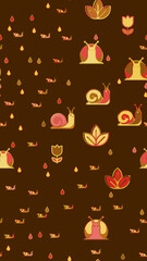Seamless pattern of stylized snails, flowers, and raindrops © lana