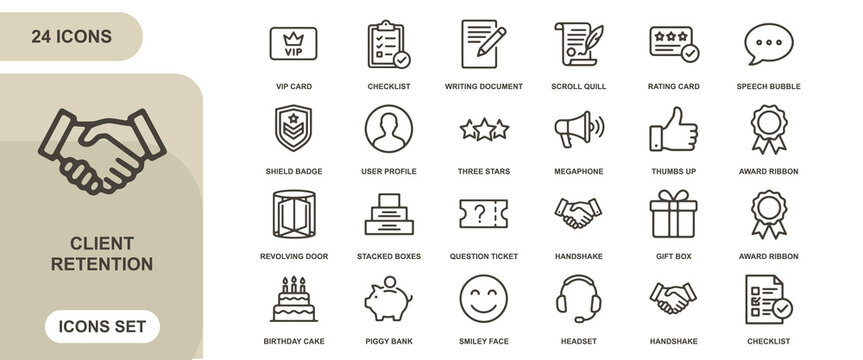 Set of 24 outline icons representing client retention, business services, and customer feedback, featuring symbols like handshakes, checklists, and awards