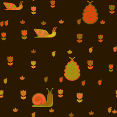 Stylized pattern of snails, acorns, pinecones, and flowers © lana
