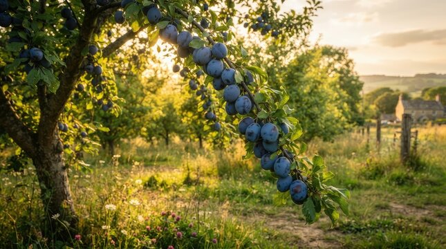A plum tree laden with dark purple plums hangs heavy against a golden sunset. The tree is situated in a lush, green orchard with a distant rural landscape. 