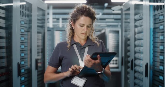 In High Tech Facility, Female Technician Checks Server Telemetry Graphs on Portable Tablet Screen. Cloud Storage Management, Cybersecurity Monitoring Safeguard Critical Enterprise Systems. Portrait.