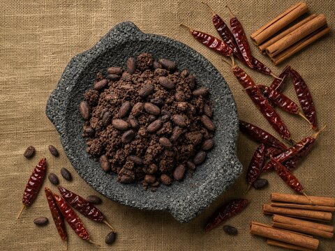 Flat Lay Basalt Volcanic Stone Metate Grinding Cacao Beans Into Paste With Cinnamon And Chilis