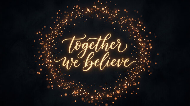 Glowing cursive text reading together we believe surrounded by a circular frame of golden sparkles with particles dark background inspirational calligraphy celebration