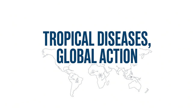 Tropical diseases global action text overlay on a world map with medical research icons with health initiatives positioned positioned over stylized map scientific symbols