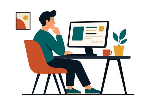 Remote Work and Home Office Vector Illustration with Man Working on Computer