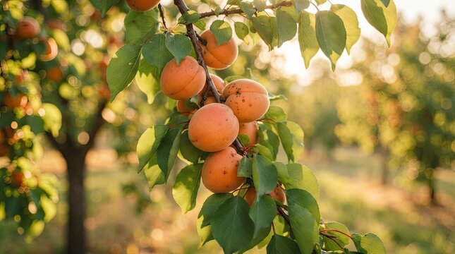 A branch of an apricot tree is laden with ripe, orange apricots bathed in warm sunlight. The leaves are a vibrant green, and the background shows a blurred 