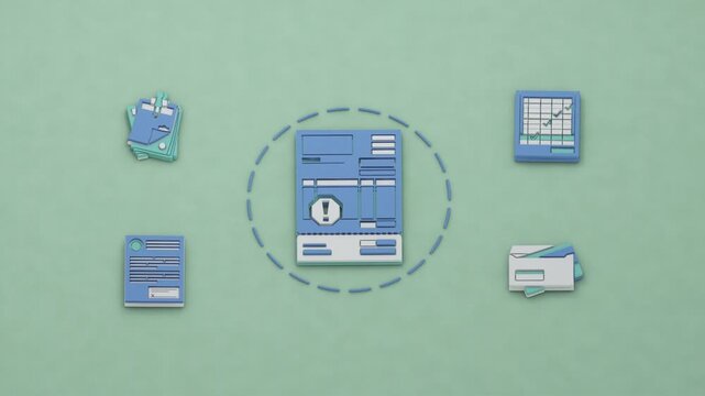 An overdue invoice takes priority as dunning notices, an arrears ledger and a garnishment order establish the path to payroll deduction. Flat 3D style.
