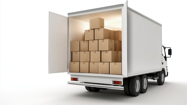 Delivery truck loaded with cardboard boxes preparing for transport
