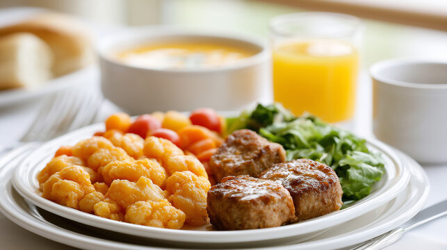 Nutritious meal plate with meatballs, vegetables, soup, and orange juice served on a table.