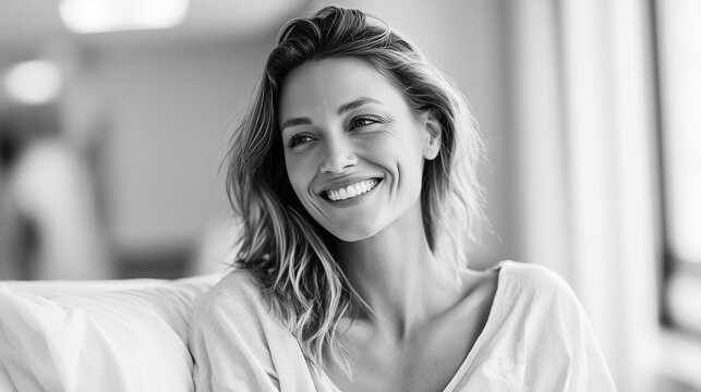 Black and white portrait of a happy smiling woman resting in a hospital bed.