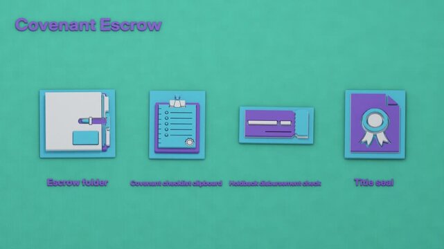Covenant escrow presents evidence of satisfied conditions, lien release and the holdback payment side by side for comparison at closing. Flat 3D style.