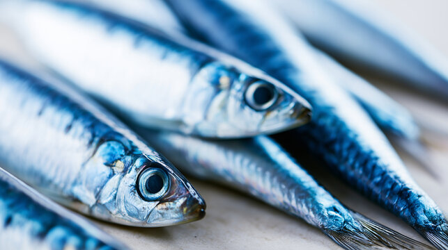 Close up of shiny fresh anchovies or sardines with detailed scales and clear eyes.