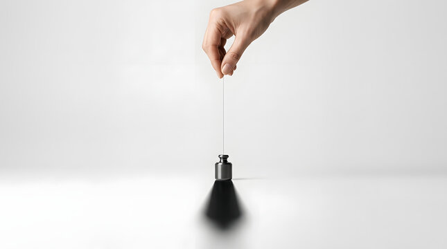 A hand delicately balances a weight on a string, casting a long shadow