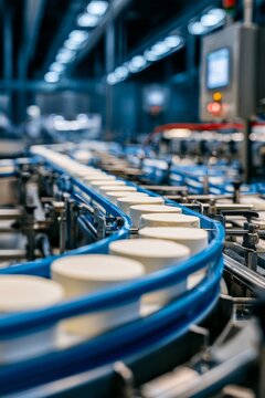 Food production line with dairy products on conveyor belt, vertical