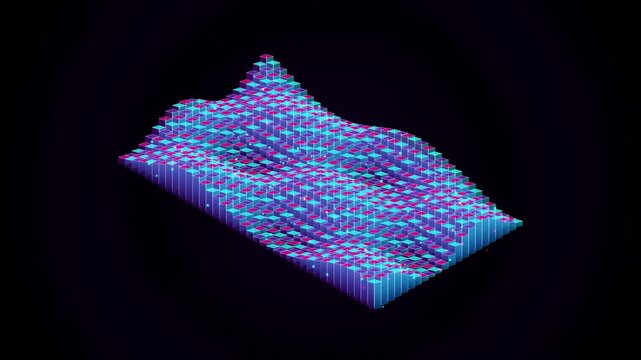 Abstract 3d grid landscape of moving square blocks against dark digital background.