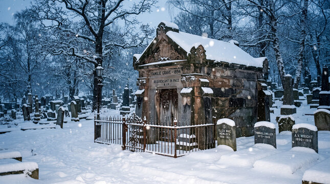 Antiguo mausoleo neog&oacute;tico cubierto de nieve en un cementerio silencioso. Paisaje invernal melanc&oacute;lico.