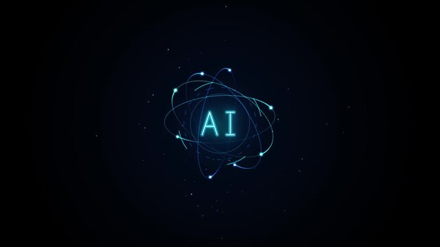 Futuristic AI Logo Animation with Glowing Blue Orbital Rings and Spinning Particle Light Elements