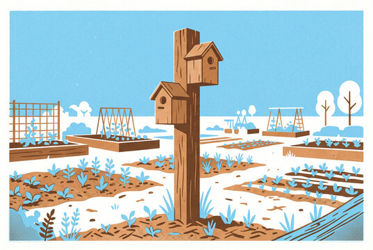 Community Birdhouse Donation Post Risograph Print