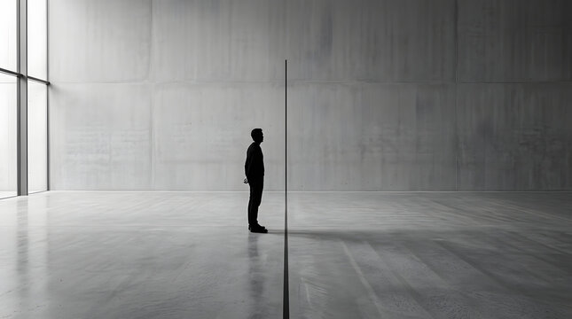 A Solitary Figure Standing Beside a Thin Vertical Line in a Vast Minimalist Concrete Hallway