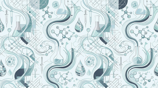 Seamless scientific pattern depicting molecular bonds, laboratory glassware, and abstract fluid forms.