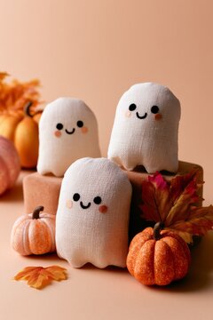 Cute halloween ghosts and pumpkins for autumn decoration, vertical