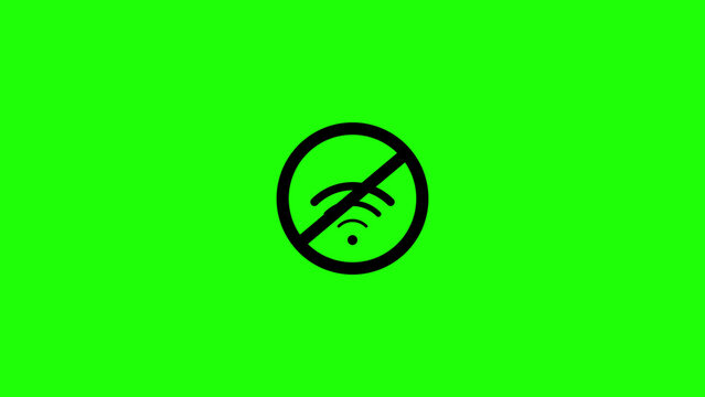 A black of a wifi signal with a diagonal line through it, indicating no internet connection, isolated on a bright green background