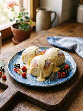 Traditionelle &ouml;sterreichische Buchteln serviert mit warmer Vanillesauce und frischen Beeren auf einem blauen Keramikteller.