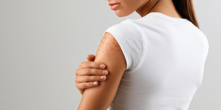 Female Shoulders and Back with Acne. Painful Rash, Allergy Red Spots Blisters on Skin. Human Body Health Problem. Monkeypox, Monkey Pox Disease Symptom. Close Up Patient. Dengue Fever Infection, MPOX.