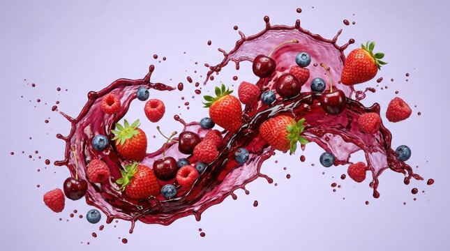 Fresh red berries and blueberries splashing in a swirl of sweet fruit juice isolated on a clean white background