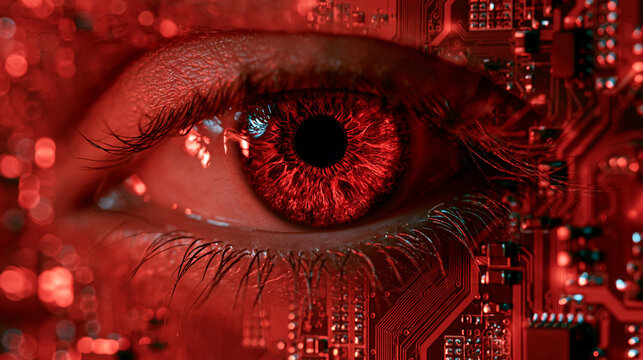 Close up of a human eye with a red digital circuit pattern overlay on a technological background artificial intelligence red light circuit board data connection