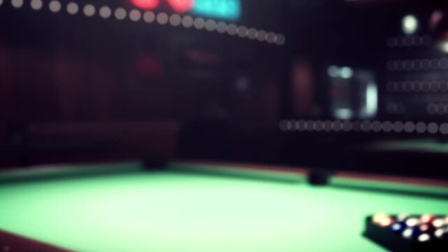 Bright green pool table shines under the warm lights of a bustling hall. Players engage in friendly competition, laughter fills the air. A perfect venue for fun and skill at any hour.