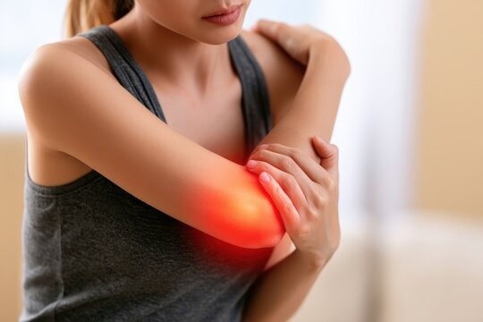 Elbow pain ache. Woman touches massaging her sore elbow due to acute joint pain. Glowing red light on hand arm area showing a severe muscle spasm tendon strain arthritis or sport injury symptom visual