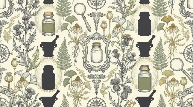 Vintage seamless pattern with diverse medicinal herbs, apothecary bottles, and traditional pharmacy symbols for historical designs.