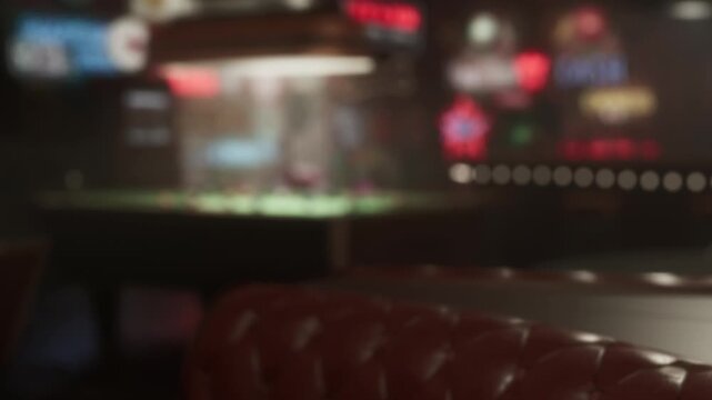 A cozy seating area features rich red leather, inviting patrons to relax amid the vibrant atmosphere of a bustling pool hall. Neon lights flicker in the background, adding excitement to the scene.